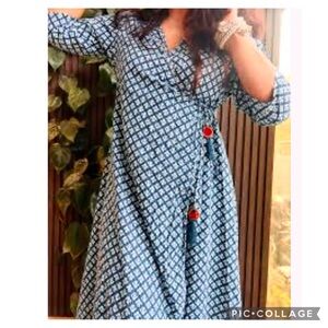JANASYA COTTON BEADED TASSEL BLUE FLORAL SCREEN PRINT WRAP KURTI DRESS